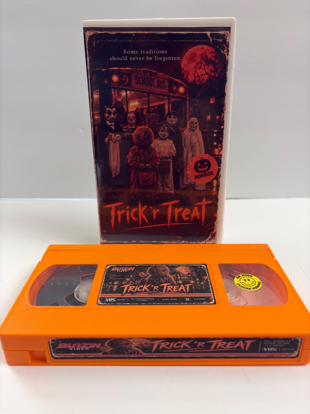 Trick ’r Treat VHS – Orange Tape – School Bus Massacre Cover Edition – Halloween Horror Custom Retro VHS – Full Screen 4:3
