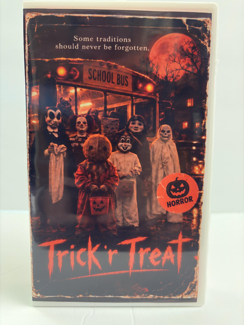 Trick ’r Treat VHS – Orange Tape – School Bus Massacre Cover Edition – Halloween Horror Custom Retro VHS – Full Screen 4:3
